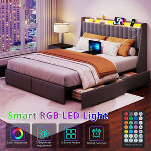 English Elm Full Size Linen Tufted Storage Bed with Rgb Lighting and Built in Charging Ports T3963P483807