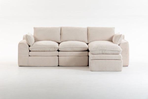 English Elm L Shaped Corduroy Modular Sectional with Cloud Cushions Footstool and Lumbar Pillows Beige W395S00141