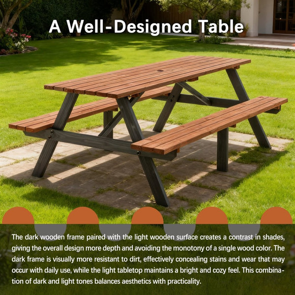English Elm 75" Solid Fir Outdoor Picnic Table Set with Benches Two-tone Finish Heavy Duty Patio W1422P385498