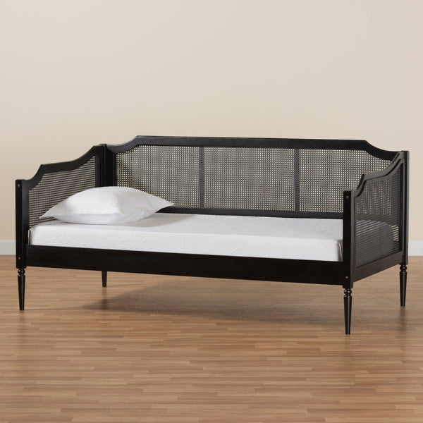 Baxton Studio Baxton Studio Hancock Twin Daybed – Mid-Century Modern Charcoal Wood & Rattan, Stylish & Durable Design MG0075-Black Rattan/Black-Daybed