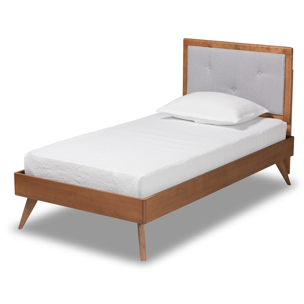 Baxton Studio Baxton Laima Twin Size Platform Bed - Mid-Century Modern Design with Light Grey Upholstery & Walnut Finish Laima-Light Grey/Walnut-Twin