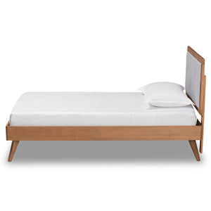 Baxton Studio Baxton Laima Twin Size Platform Bed - Mid-Century Modern Design with Light Grey Upholstery & Walnut Finish Laima-Light Grey/Walnut-Twin