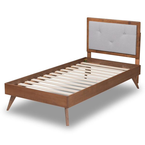 Baxton Studio Baxton Laima Twin Size Platform Bed - Mid-Century Modern Design with Light Grey Upholstery & Walnut Finish Laima-Light Grey/Walnut-Twin