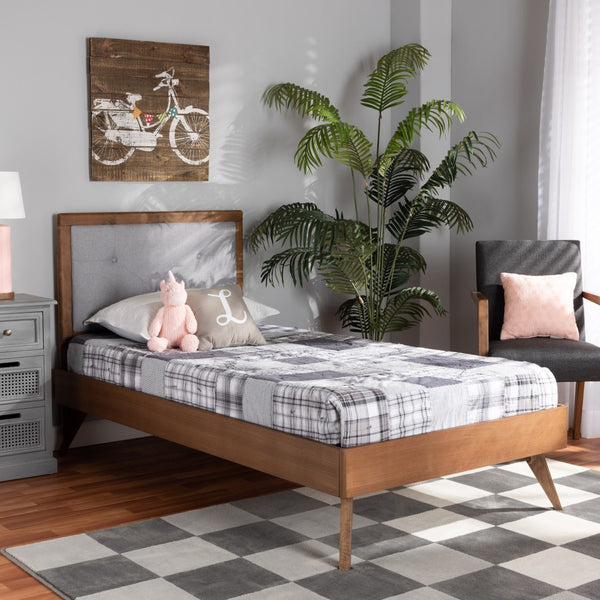 Baxton Studio Baxton Laima Twin Size Platform Bed - Mid-Century Modern Design with Light Grey Upholstery & Walnut Finish Laima-Light Grey/Walnut-Twin