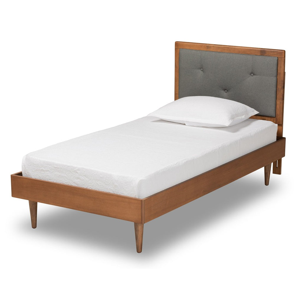 Baxton Studio Baxton Studio Saul Twin Platform Bed - Mid-Century Modern Design with Dark Grey Upholstery & Walnut Wood Saul-Dark Grey/Walnut-Twin