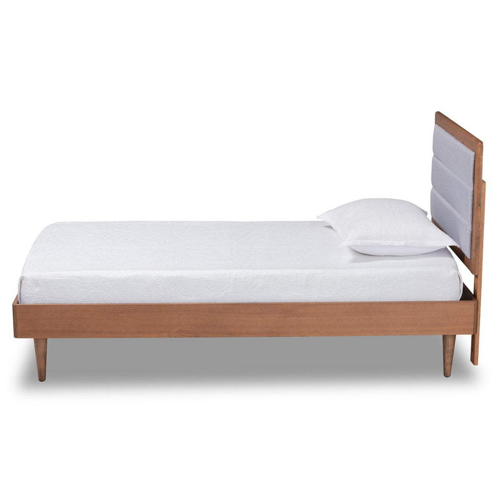 Baxton Studio Baxton Studio Seren Twin Platform Bed - Mid-Century Modern Light Grey Upholstered Walnut Wood Seren-Light Grey/Walnut-Twin-HB