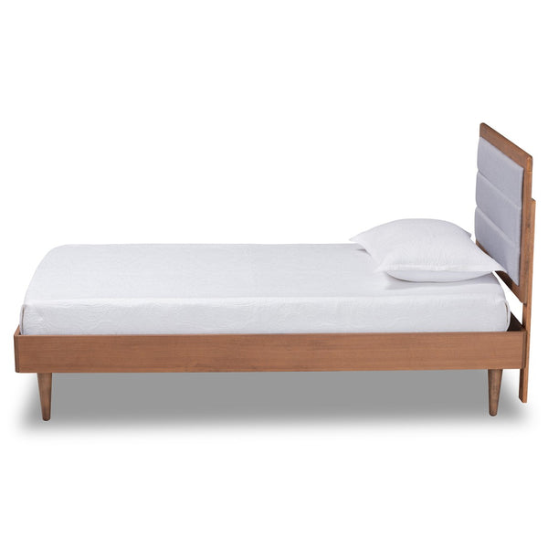 Baxton Studio Baxton Studio Seren Twin Platform Bed - Mid-Century Modern Light Grey Upholstered Walnut Wood Seren-Light Grey/Walnut-Twin-HB