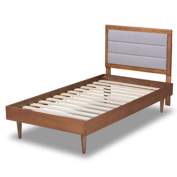 Baxton Studio Baxton Studio Seren Twin Platform Bed - Mid-Century Modern Light Grey Upholstered Walnut Wood Seren-Light Grey/Walnut-Twin-HB