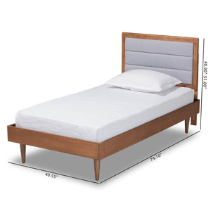 Baxton Studio Baxton Studio Seren Twin Platform Bed - Mid-Century Modern Light Grey Upholstered Walnut Wood Seren-Light Grey/Walnut-Twin-HB