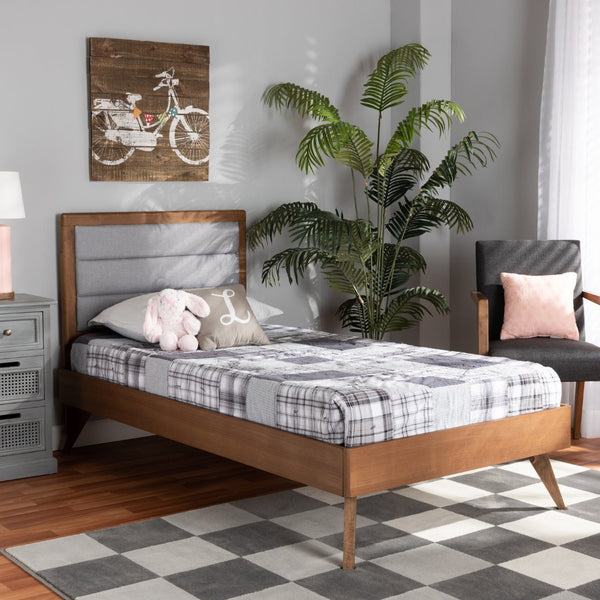 Baxton Studio Baxton Studio Linn Twin Platform Bed - Mid-Century Modern Grey Upholstered Design with Walnut Finish Linn-Light Grey/Walnut-Twin