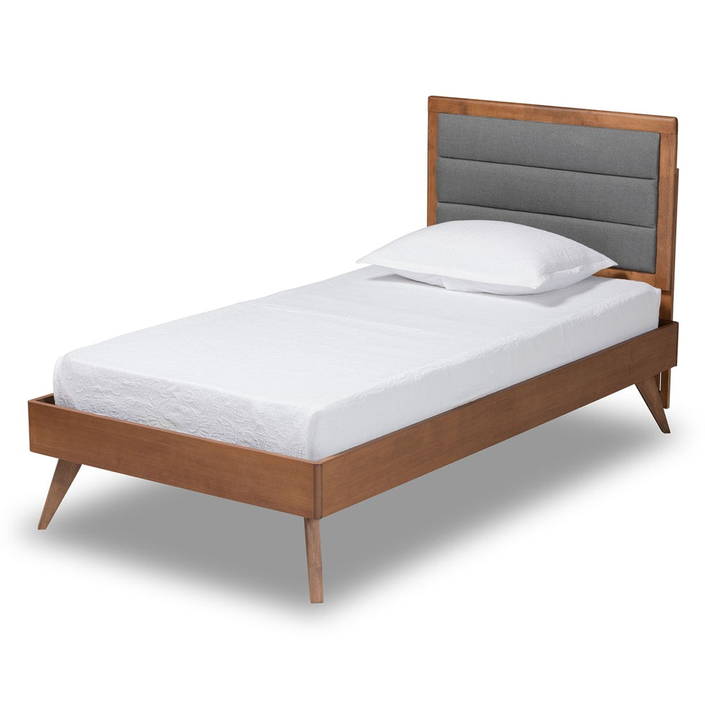 Baxton Studio Baxton Studio Linn Twin Platform Bed - Mid-Century Modern Design with Dark Grey Upholstery & Walnut Finish Linn-Dark Grey/Walnut-Twin