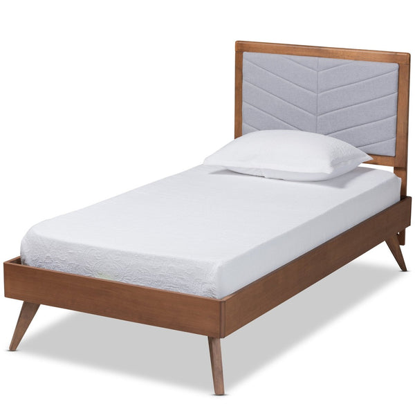Baxton Studio Baxton Studio Mid-Century Modern Twin Platform Bed with Chevron-Tufted Headboard in Walnut Finish Roze Light Roze-Light Grey/Walnut-Twin