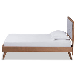Baxton Studio Baxton Studio Mid-Century Modern Twin Platform Bed with Chevron-Tufted Headboard in Walnut Finish Roze Light Roze-Light Grey/Walnut-Twin