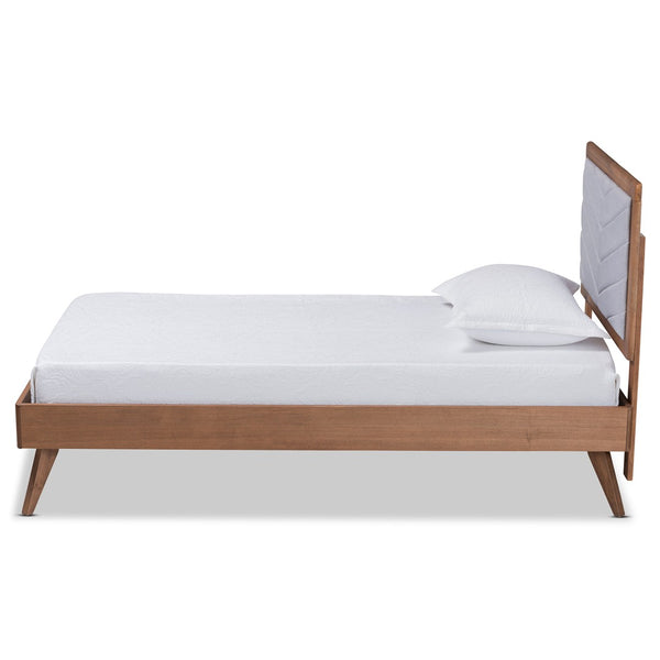 Baxton Studio Baxton Studio Mid-Century Modern Twin Platform Bed with Chevron-Tufted Headboard in Walnut Finish Roze Light Roze-Light Grey/Walnut-Twin