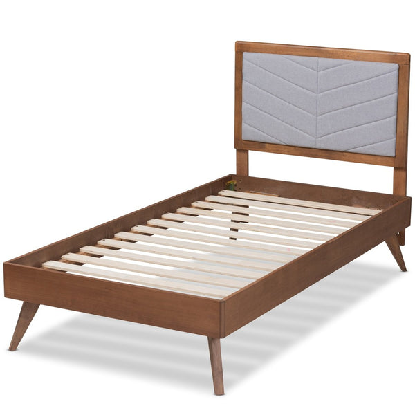 Baxton Studio Baxton Studio Mid-Century Modern Twin Platform Bed with Chevron-Tufted Headboard in Walnut Finish Roze Light Roze-Light Grey/Walnut-Twin