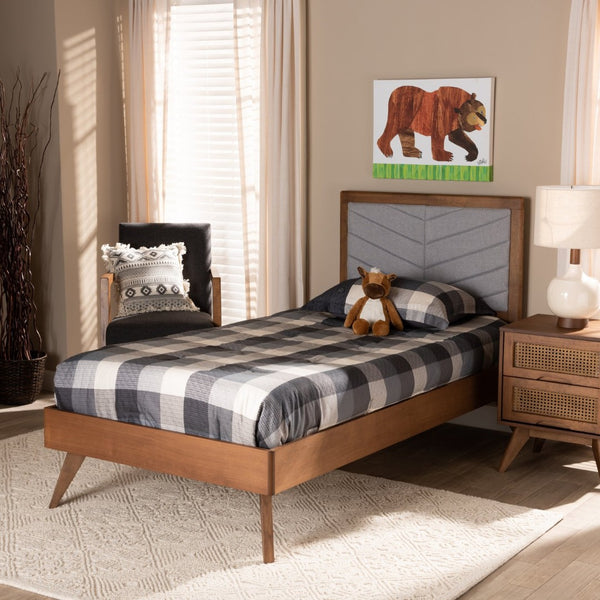 Baxton Studio Baxton Studio Mid-Century Modern Twin Platform Bed with Chevron-Tufted Headboard in Walnut Finish Roze Light Roze-Light Grey/Walnut-Twin