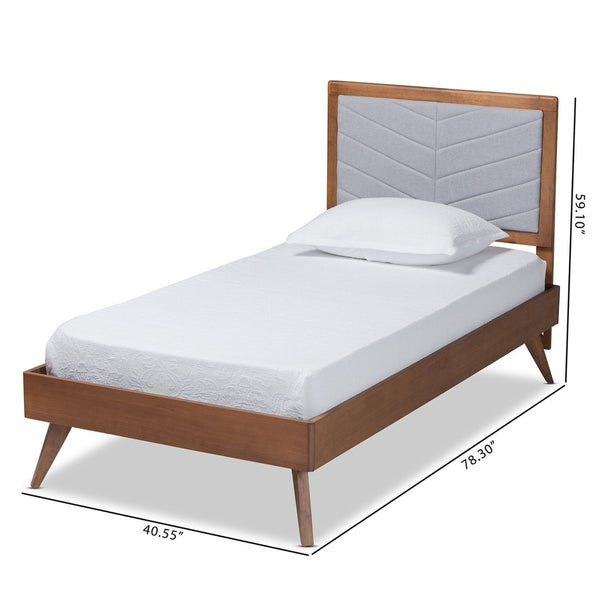 Baxton Studio Baxton Studio Mid-Century Modern Twin Platform Bed with Chevron-Tufted Headboard in Walnut Finish Roze Light Roze-Light Grey/Walnut-Twin