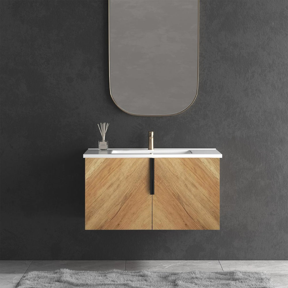 English Elm 30 Inch Floating Bathroom Vanity Fluted Wood Grain Front with Ceramic Integrated Sink W3520S00047
