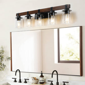 English Elm 35" Rustic 5-Light Vanity Light with Clear Glass Shades and Real Wood Accent, Industrial Farmhouse Fixture W2312P374784