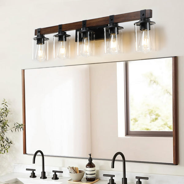English Elm 35" Rustic 5-Light Vanity Light with Clear Glass Shades and Real Wood Accent, Industrial Farmhouse Fixture W2312P374784
