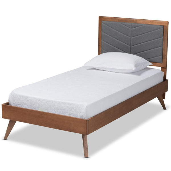 Baxton Studio Baxton Studio Mid-Century Modern Twin Platform Bed with Chevron-Tufted Headboard in Walnut Finish Roze Dark Roze-Dark Grey/Walnut-Twin
