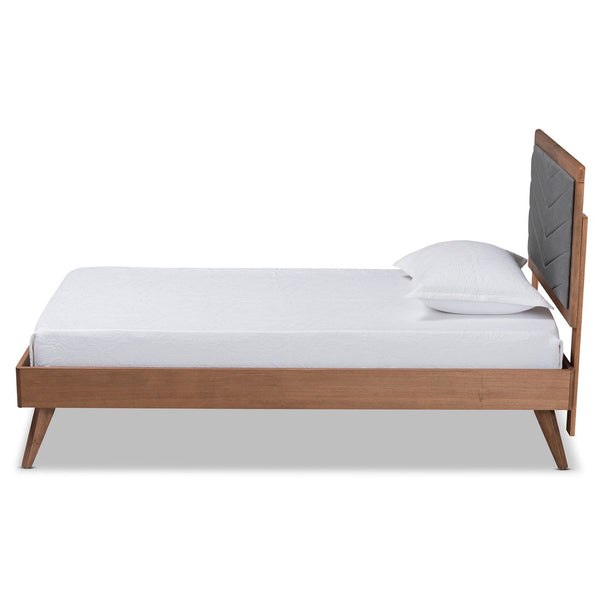 Baxton Studio Baxton Studio Mid-Century Modern Twin Platform Bed with Chevron-Tufted Headboard in Walnut Finish Roze Dark Roze-Dark Grey/Walnut-Twin