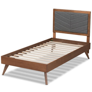 Baxton Studio Baxton Studio Mid-Century Modern Twin Platform Bed with Chevron-Tufted Headboard in Walnut Finish Roze Dark Roze-Dark Grey/Walnut-Twin