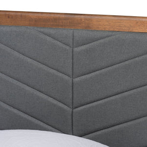 Baxton Studio Baxton Studio Mid-Century Modern Twin Platform Bed with Chevron-Tufted Headboard in Walnut Finish Roze Dark Roze-Dark Grey/Walnut-Twin