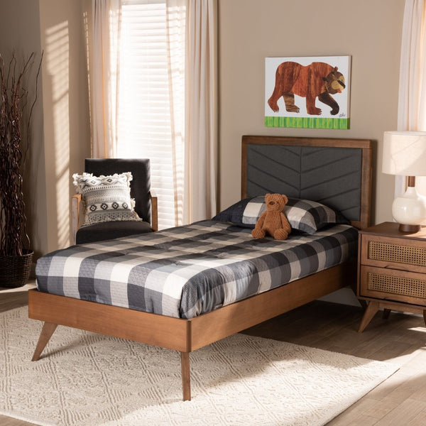 Baxton Studio Baxton Studio Mid-Century Modern Twin Platform Bed with Chevron-Tufted Headboard in Walnut Finish Roze Dark Roze-Dark Grey/Walnut-Twin