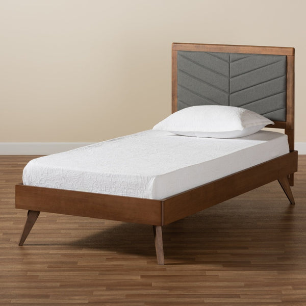 Baxton Studio Baxton Studio Mid-Century Modern Twin Platform Bed with Chevron-Tufted Headboard in Walnut Finish Roze Dark Roze-Dark Grey/Walnut-Twin