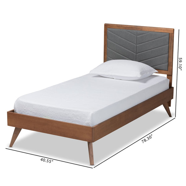 Baxton Studio Baxton Studio Mid-Century Modern Twin Platform Bed with Chevron-Tufted Headboard in Walnut Finish Roze Dark Roze-Dark Grey/Walnut-Twin