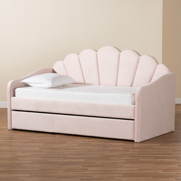 Baxton Studio Baxton Studio Timila Elegant Light Pink Velvet Daybed with Trundle - Modern Seashell Design Comfort BBT61047T-Light Pink Velvet-Daybed-F/T