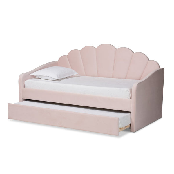 Baxton Studio Baxton Timila Modern Light Pink Velvet Upholstered Daybed with Trundle - Stylish Comfort & Design Twin BBT61047T-Light Pink Velvet-Daybed-T/T
