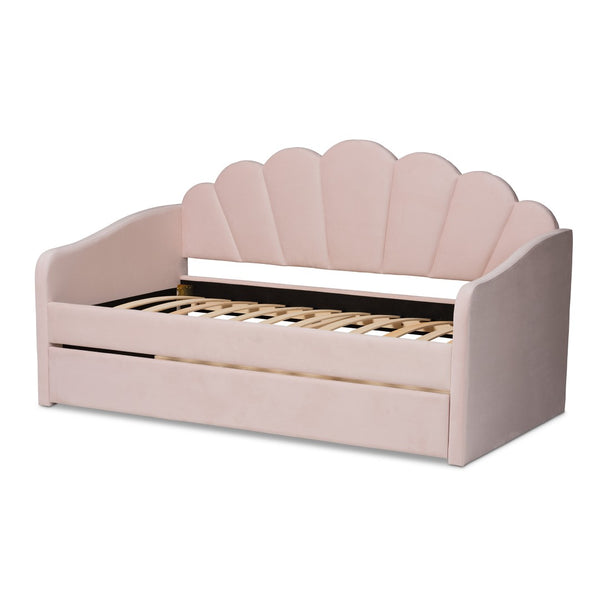 Baxton Studio Baxton Studio Timila Elegant Light Pink Velvet Daybed with Trundle - Modern Seashell Design Comfort BBT61047T-Light Pink Velvet-Daybed-F/T