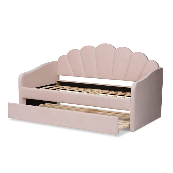 Baxton Studio Baxton Studio Timila Elegant Light Pink Velvet Daybed with Trundle - Modern Seashell Design Comfort BBT61047T-Light Pink Velvet-Daybed-F/T