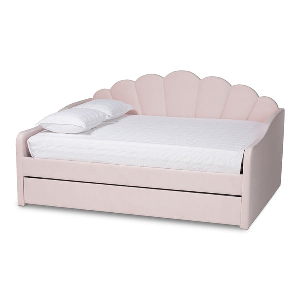 Baxton Studio Baxton Timila Modern Light Pink Velvet Upholstered Daybed with Trundle - Stylish Comfort & Design Queen BBT61047T-Light Pink Velvet-Daybed-Q/T