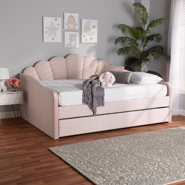 Baxton Studio Baxton Timila Modern Light Pink Velvet Upholstered Daybed with Trundle - Stylish Comfort & Design Queen BBT61047T-Light Pink Velvet-Daybed-Q/T