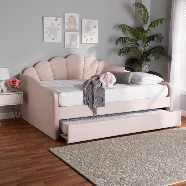 Baxton Studio Baxton Timila Modern Light Pink Velvet Upholstered Daybed with Trundle - Stylish Comfort & Design Queen BBT61047T-Light Pink Velvet-Daybed-Q/T