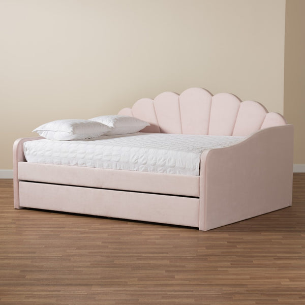 Baxton Studio Baxton Timila Modern Light Pink Velvet Upholstered Daybed with Trundle - Stylish Comfort & Design Queen BBT61047T-Light Pink Velvet-Daybed-Q/T