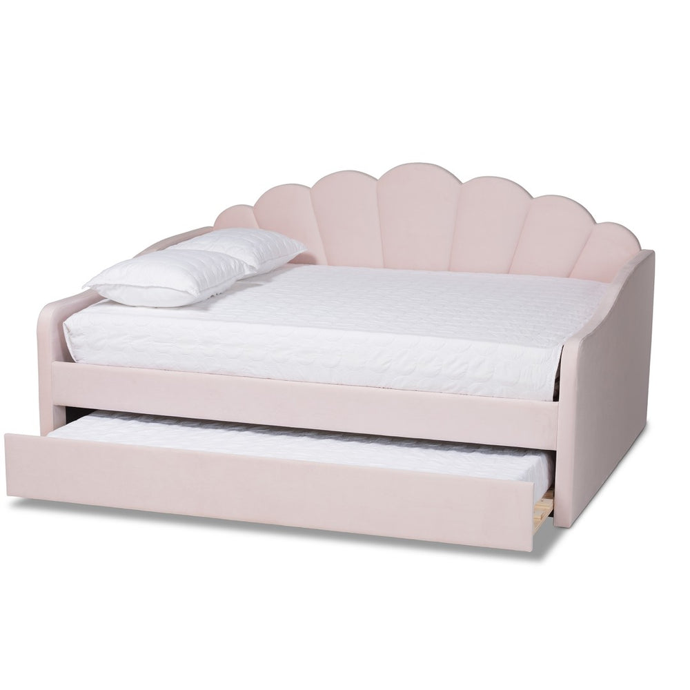Baxton Studio Baxton Timila Modern Light Pink Velvet Upholstered Daybed with Trundle - Stylish Comfort & Design Queen BBT61047T-Light Pink Velvet-Daybed-Q/T