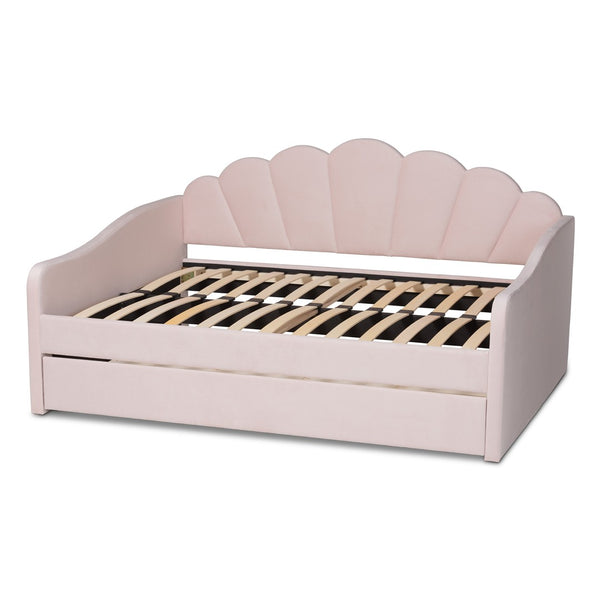 Baxton Studio Baxton Timila Modern Light Pink Velvet Upholstered Daybed with Trundle - Stylish Comfort & Design Queen BBT61047T-Light Pink Velvet-Daybed-Q/T