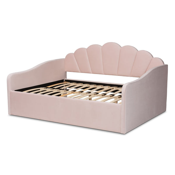 Baxton Studio Baxton Timila Light Pink Velvet Queen Daybed - Modern Seashell Design with Plush Comfort & Support BBT61078-Light Pink Velvet-Daybed-Queen
