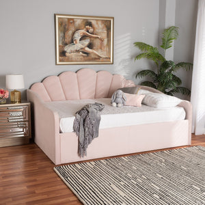 Baxton Studio Baxton Timila Light Pink Velvet Queen Daybed - Modern Seashell Design with Plush Comfort & Support BBT61078-Light Pink Velvet-Daybed-Queen