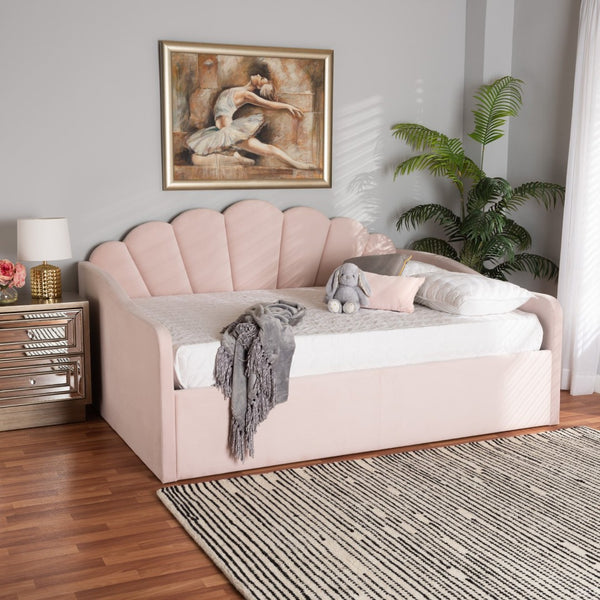 Baxton Studio Baxton Timila Light Pink Velvet Queen Daybed - Modern Seashell Design with Plush Comfort & Support BBT61078-Light Pink Velvet-Daybed-Queen