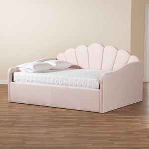 Baxton Studio Baxton Timila Light Pink Velvet Queen Daybed - Modern Seashell Design with Plush Comfort & Support BBT61078-Light Pink Velvet-Daybed-Queen