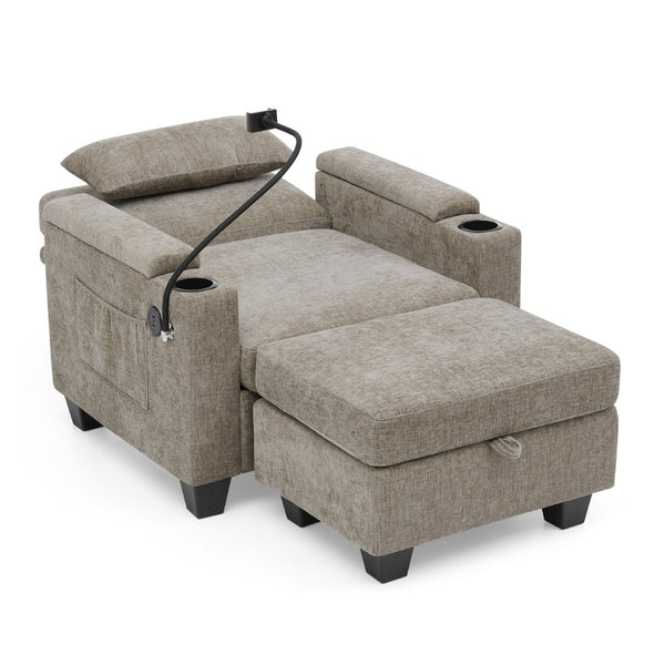 English Elm Single Chenille Manual Recliner with Usb Port Hidden Storage Ottoman and Cup Holders Brown W487P423653