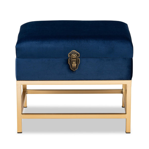 Baxton Studio Baxton Studio Aliana Navy Velvet Storage Ottoman with Gold Legs - Glam Chic for Stylish Spaces JY19B-051S-Navy Blue Velvet/Gold-Otto