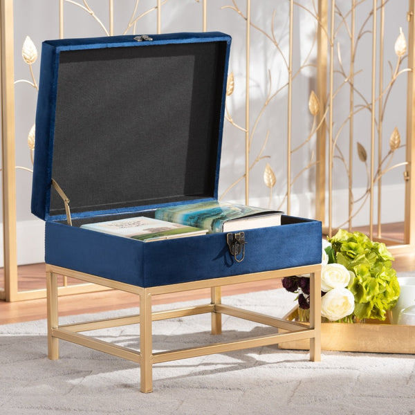 Baxton Studio Baxton Studio Aliana Navy Velvet Storage Ottoman with Gold Legs - Glam Chic for Stylish Spaces JY19B-051S-Navy Blue Velvet/Gold-Otto