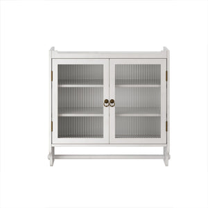 English Elm 24.8"Glass Rustic White Washed Double Door Wall Cabinet with 3 Shelves, Towel Rack, Solid Wood Storage W757P218128