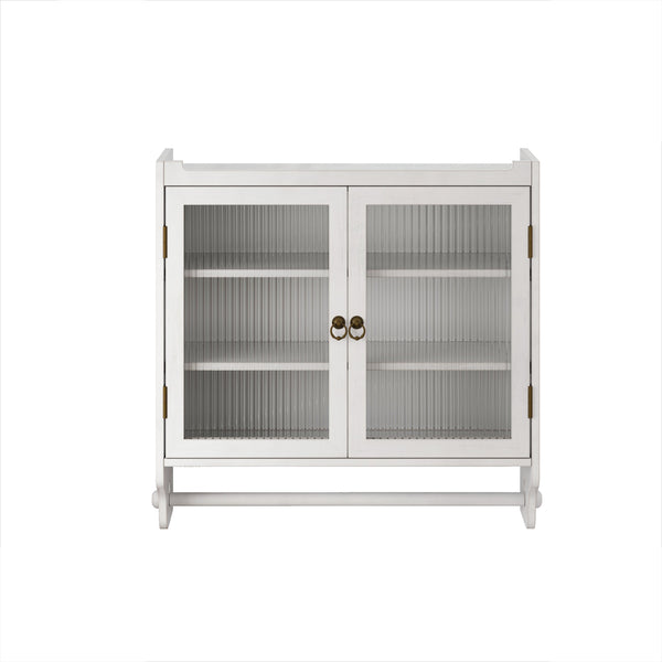 English Elm 24.8"Glass Rustic White Washed Double Door Wall Cabinet with 3 Shelves, Towel Rack, Solid Wood Storage W757P218128
